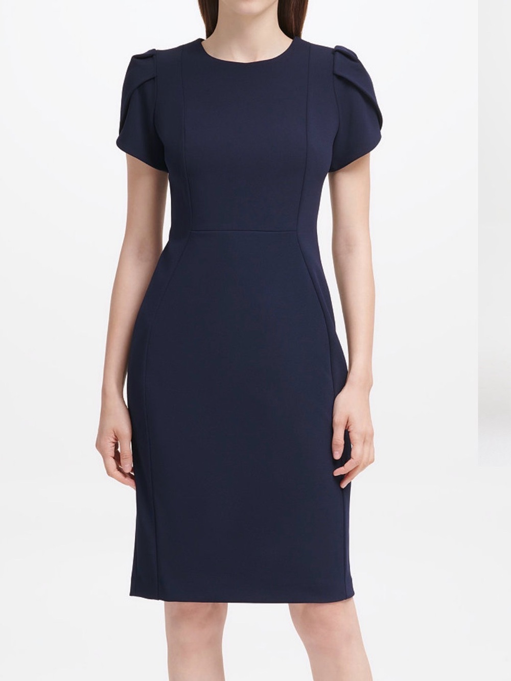 Calvin Klein Navy Tulip Sleeve Midi Sheath Dress
